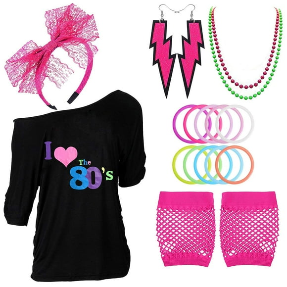 80s Outfits costume Accessories for Women - I Love 80s Print Off Shoulder T-Shirt,Lace Headband Necklace Bracelet gloves for 80s costumes,Hot Pink,S