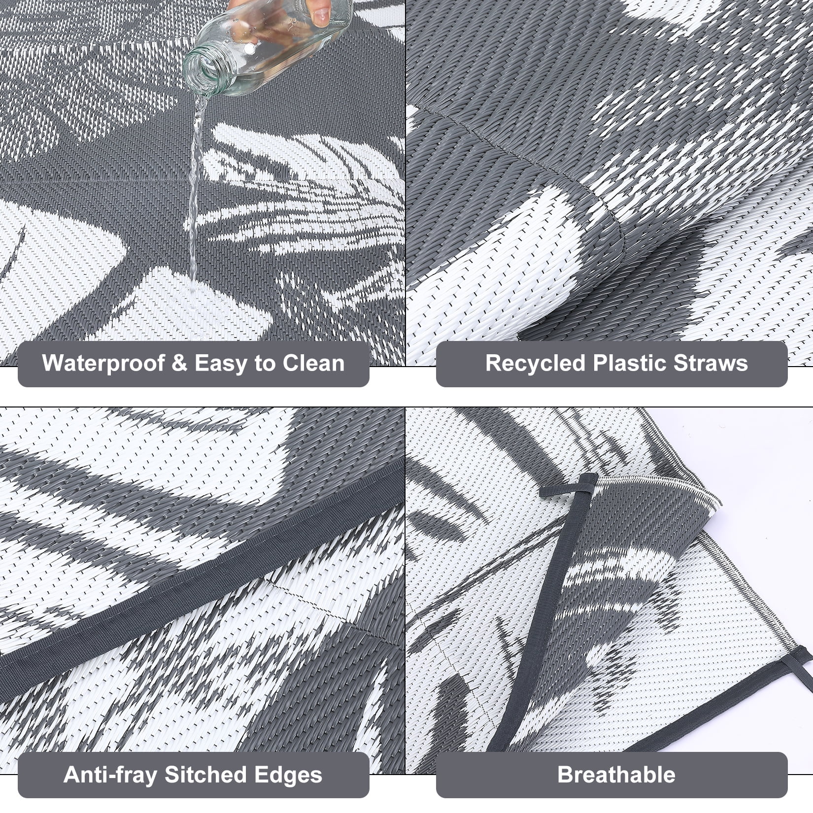 GlowSol 10'x14' Outdoor Rug Plastic Straw Weatherproof Reversible Rug Modern Leaves Patio Camping Rugs for Deck Porch Picnic Balcony, Grey White