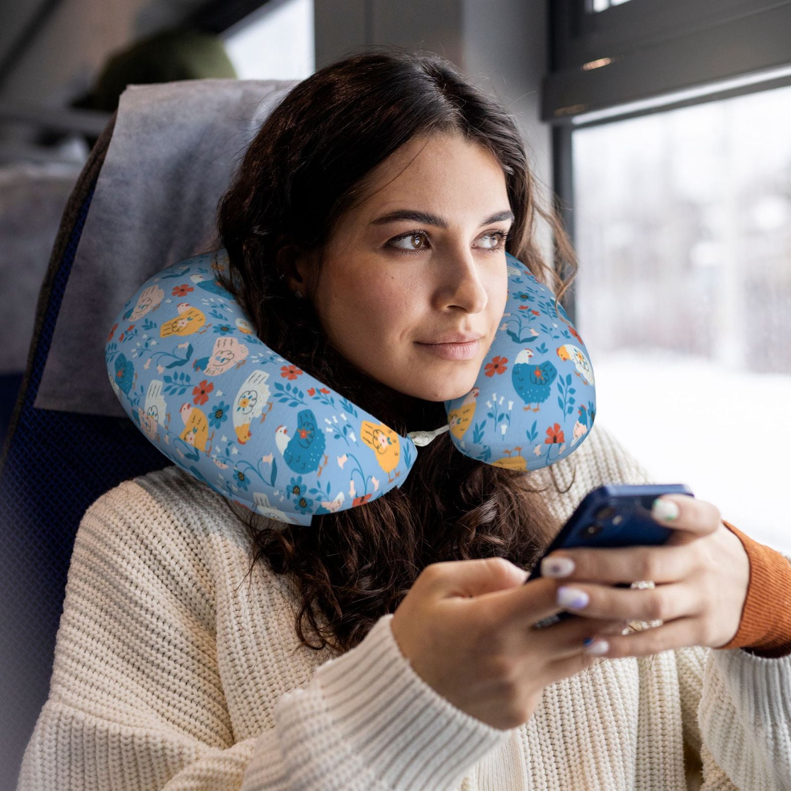 Xecao Cute Chickens and Flowers Print Memory Foam Cervical Neck Pillow Versatile U-Shaped Pillows for Home,Office,Camping,Travelling,Soft Washable Cover