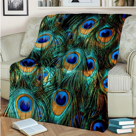 [Warm And Soft] Peacock Feather Pattern Flannel Blanket | 1 |  | Comfortable, Warm And Soft | Travel Blanket | All Season |  |