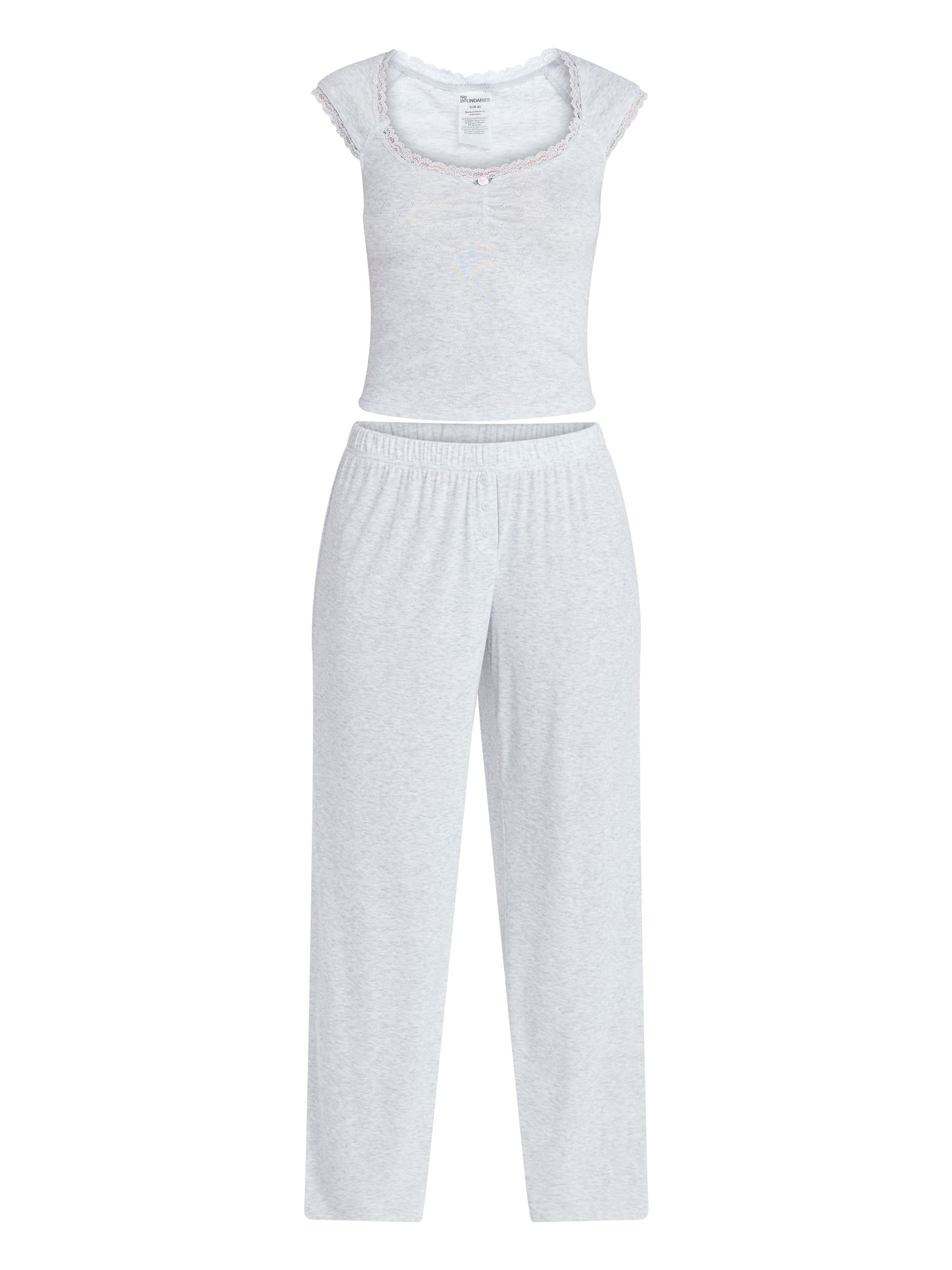 No Boundaries Pointelle Baby Tee and Pants Sleep Set, 2-Piece, Women's XXS-3X