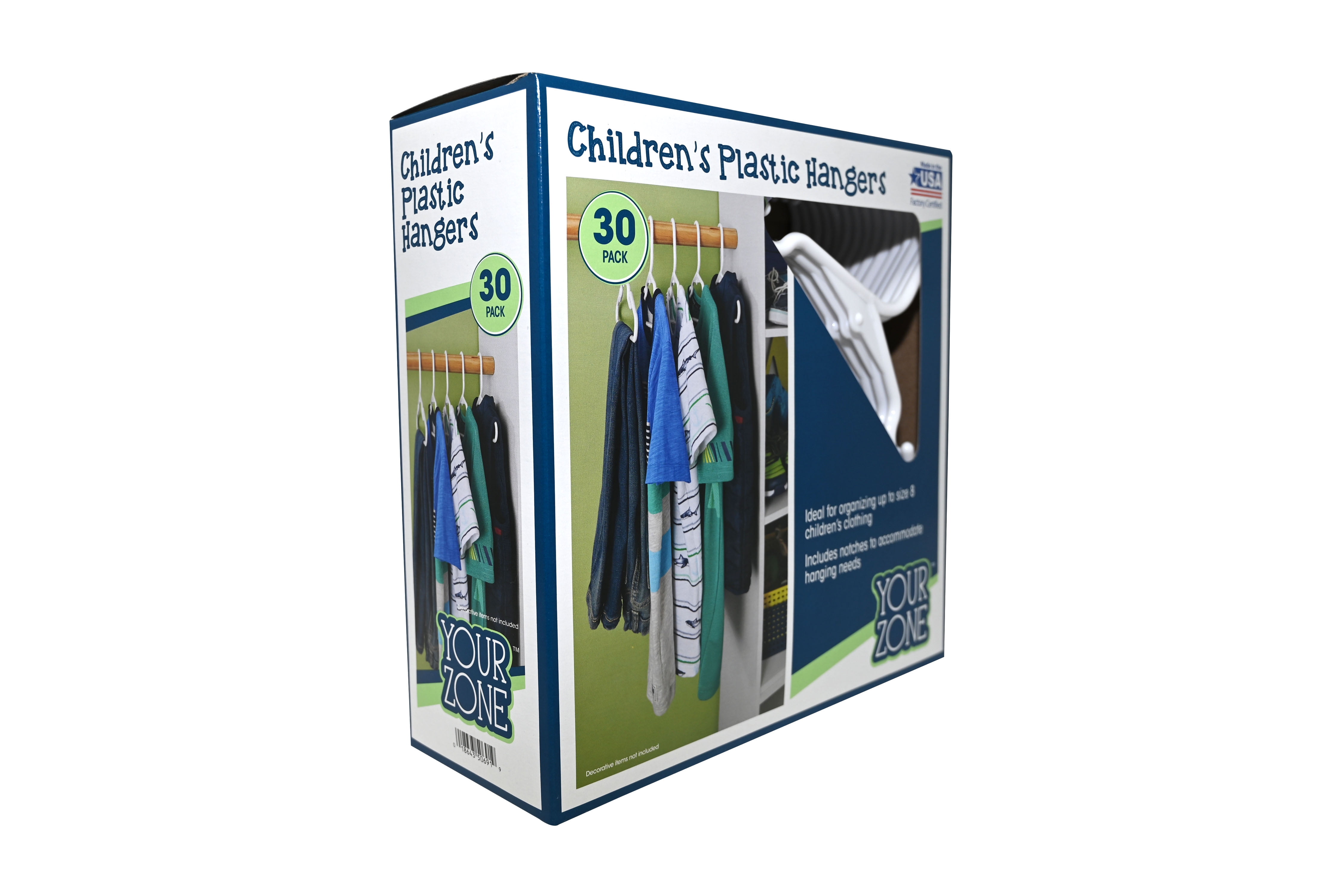 Your Zone Children's Clothing Hangers, 30 Pack, White, Sizes Up to 8, Durable Plastic