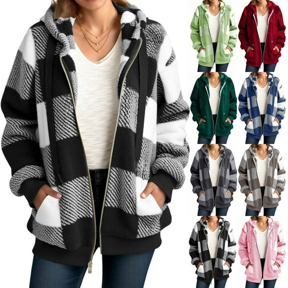 Womens Full Zip Up Fleece Jacket Hooded Oversized Plaid Sherpa Hoodie Fuzzy Jackets Fall Winter Warm Teddy Coat Outerwear