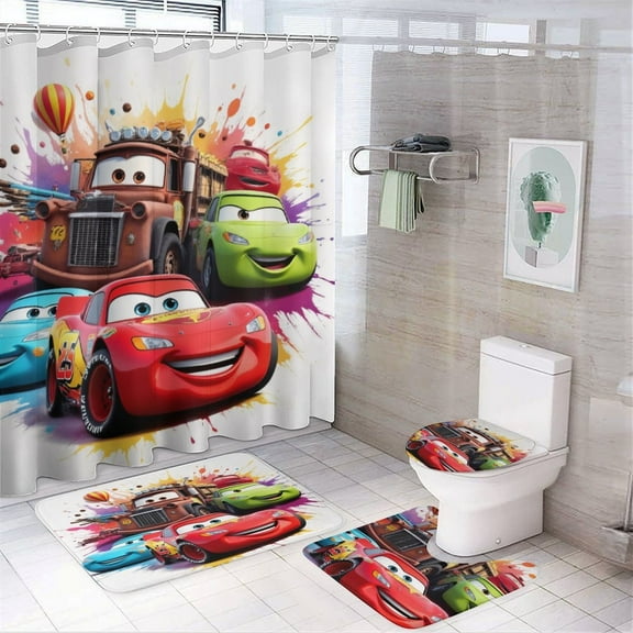 Colorful Car Characters Splash Art Shower Curtain Sets Non-Slip Rugs Bath Mat Toilet Cover U Shaped Mat 4 Pcs