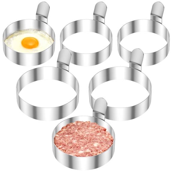 6Pcs Heat Resistant Egg Ring Stainless Steel Round Egg Cooker Ring with Handle for Pancake Breakfast Sandwich Hamburger Patty