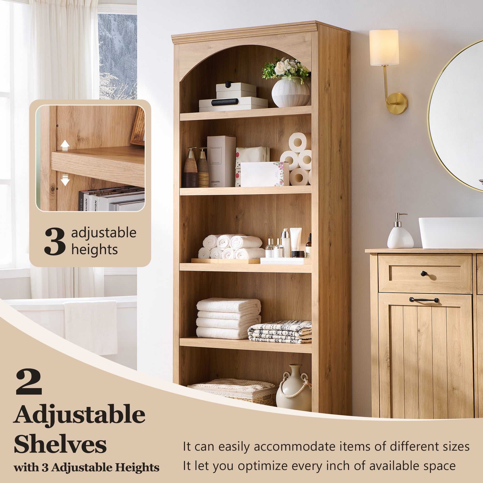 SinCiDo Tall Arched Bathroom Storage Cabinet with Adjustable Shelves, 5-Tier Bathroom Cabinet for Bathroom, Kitchen, Living Room, Natural
