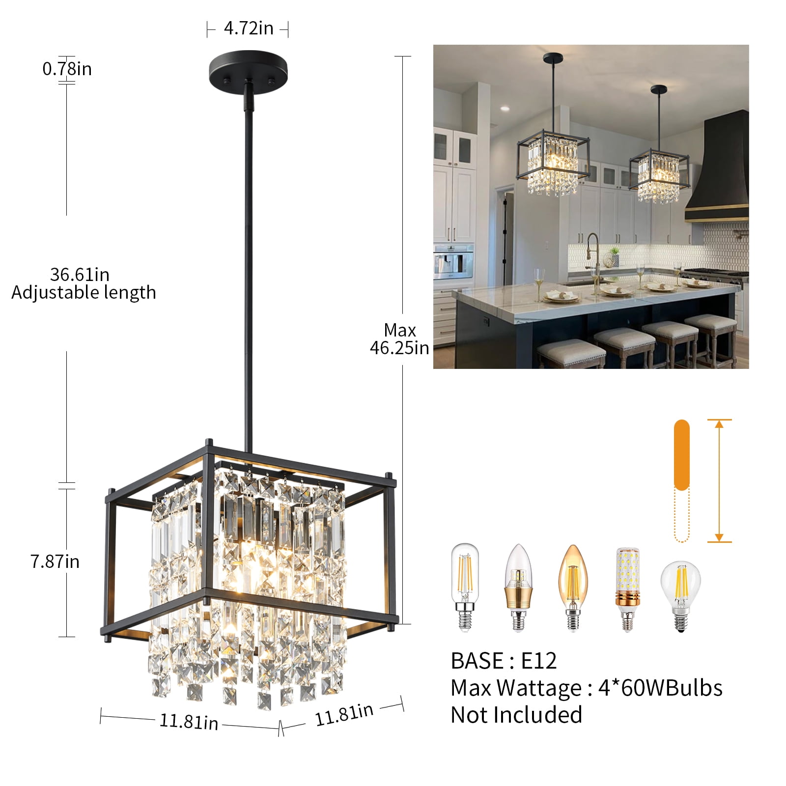Crystal Pendant Light Modern Square Adjustable Height Chandelier Black Pendant Light Fixture for Foyer Entryway Kitchen Island Living Room