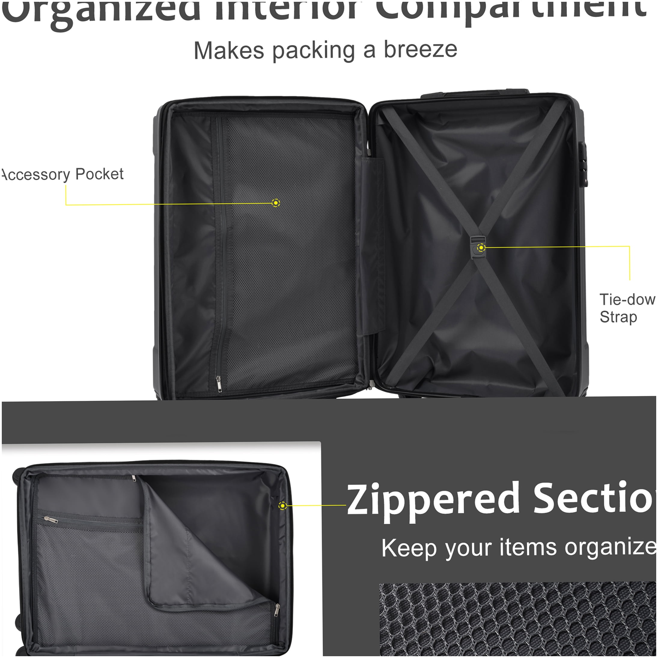 Black 28" Hardshell Luggage Suitcase: Lightweight ABS, Expandable, TSA Lock, Double Wheels. Ideal for Travel. Durable, Spacious Checked Bag.
