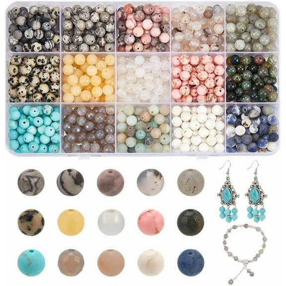 750 Pcs Natural Round Stone Beads 15 Styles 6mm Mixed Gemstone Beads Kits Crystals Gemstone Beading Loose Spacer Beads for Bracelet Necklace Earrings Jewelry Making Hole: 1mm