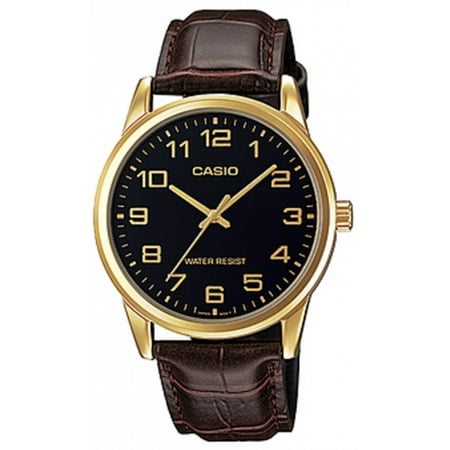 - Men's Quartz Gold Tone Stainless Steel Brown Leather Watch MTPV001GL-1B