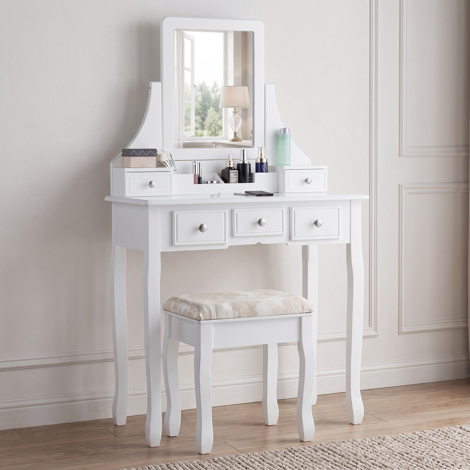 Furnibear Makeup Vanity Set with Rotatable Mirror 5 Drawers Cushioned Stool Removable Top Dressing Table for Bedroom, White