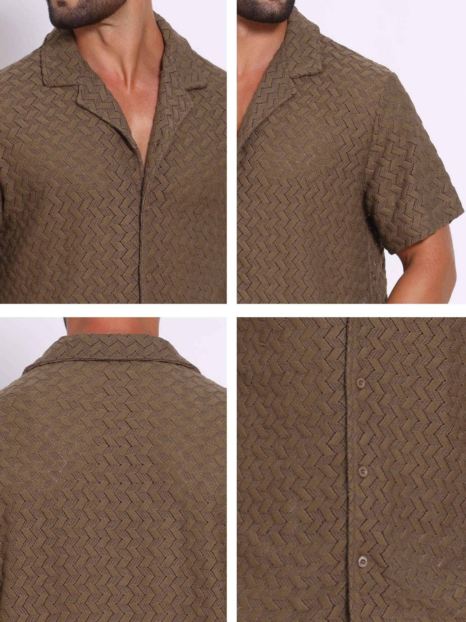 DARING DIVA Men's Hollow Jacquard Camp Collar Short Sleeve Beach Texture Shirts 2XL Brown