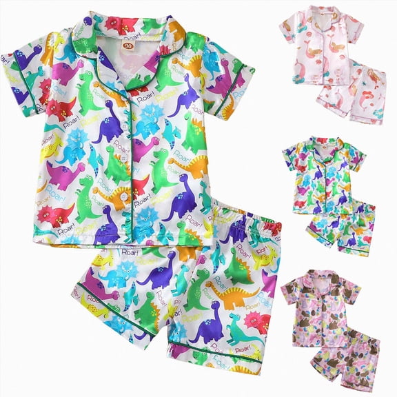 YDFCWXW Girl's Pajamas Set Button Down Summer Pajamas Printed Sleepwear Short Sleeve 2 Pc Pjs for Girl 12 M-6 T (Purple, 5-6 Years)