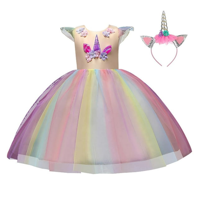Unicorn Robe pour Filles Costume Unicorn Concours Princesse Robe de Fête avec Bandeau Unicorn pour Filles de 3 à 9 Ans