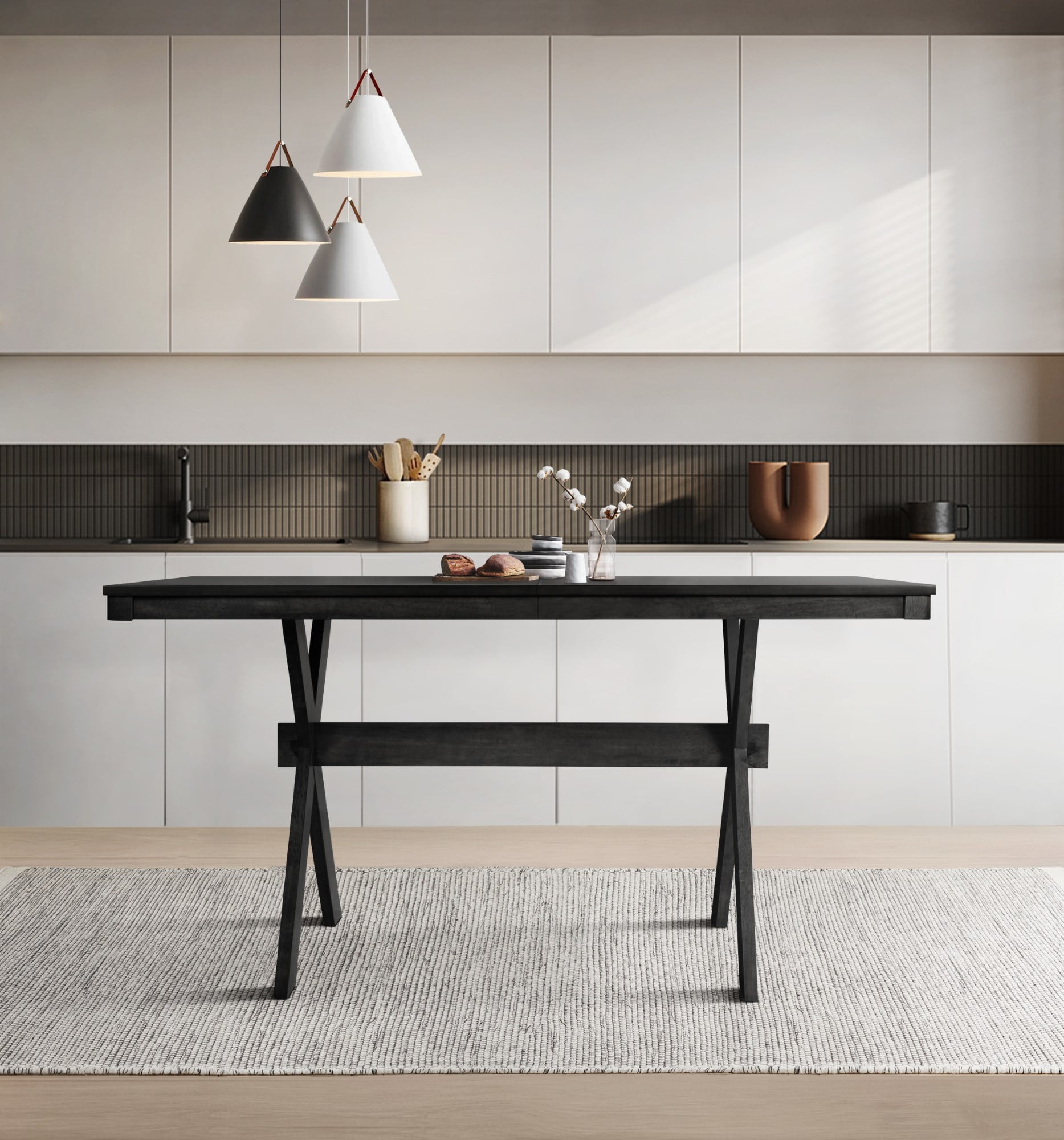 Home Design Oden Dining Table, Black, Rectangular top, Split-top design, X-shaped base, Natural woodgrain finish, Rustic-modern style, Sturdy construction, Durable and stylish
