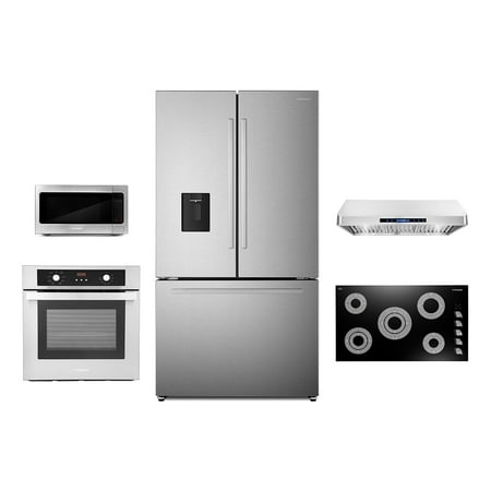 5 Piece Kitchen Package With 36  Electric Cooktop 36  Under Cabinet Range Hood 30  Single Electric Wall Oven 24.4  Built-In Microwave & French Door Refrigerator