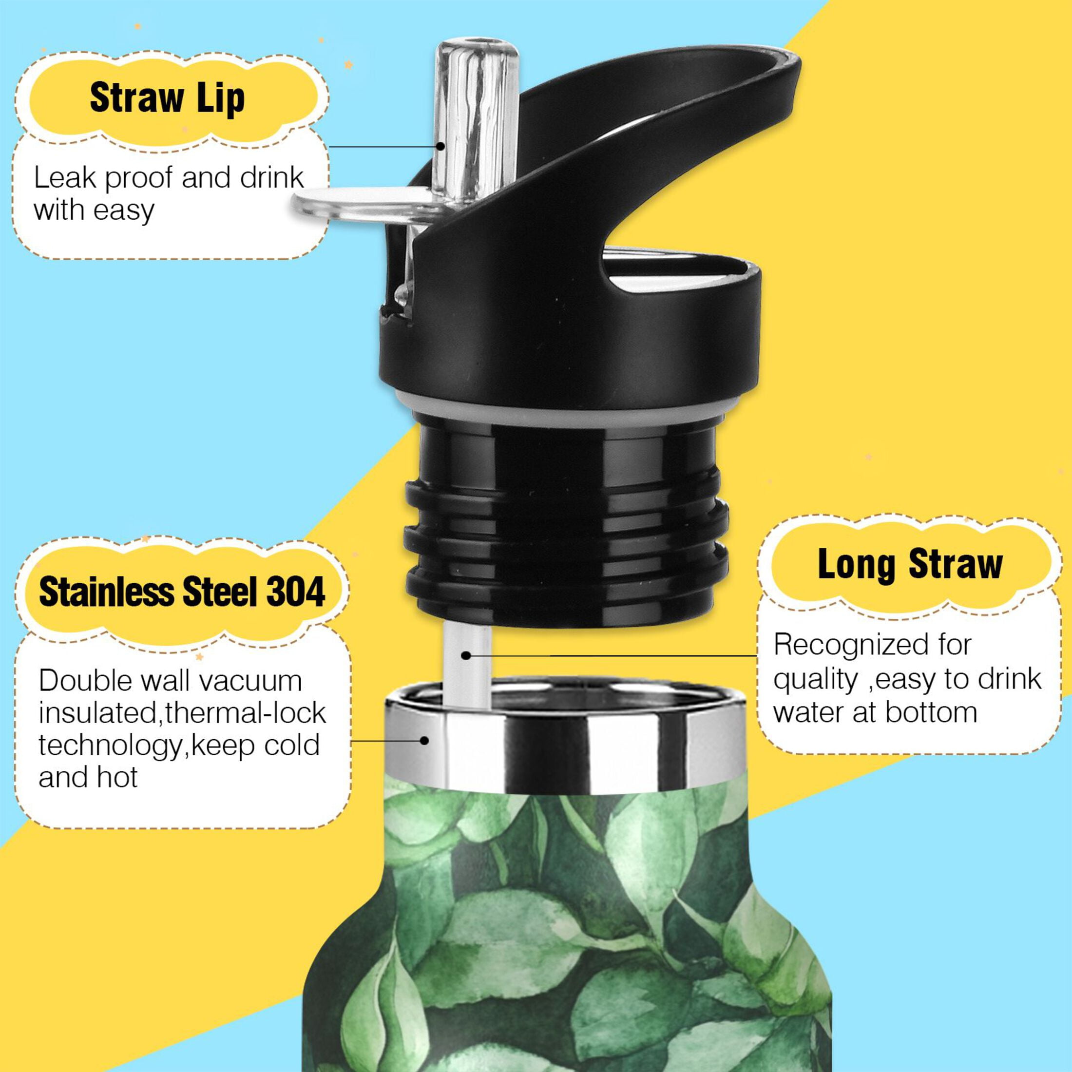600ML Stainless Steel Insulated Cup Sports Water Bottle Portable Thermos Cup Water Glasses Insulated Tumblers Convenient and Durable Green Roses Seamless