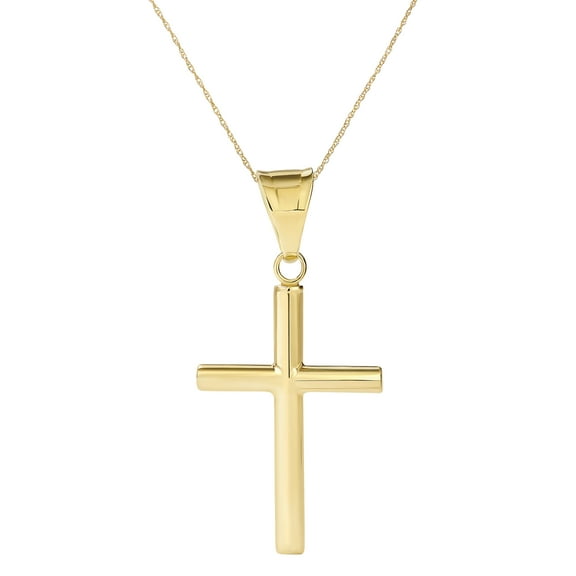 Dainty High-Polish Round Tube Cross Pendant for Women, in 10K Yellow Gold with a Matching Adjustable Genuine Gold Chain, Length 18-20"
