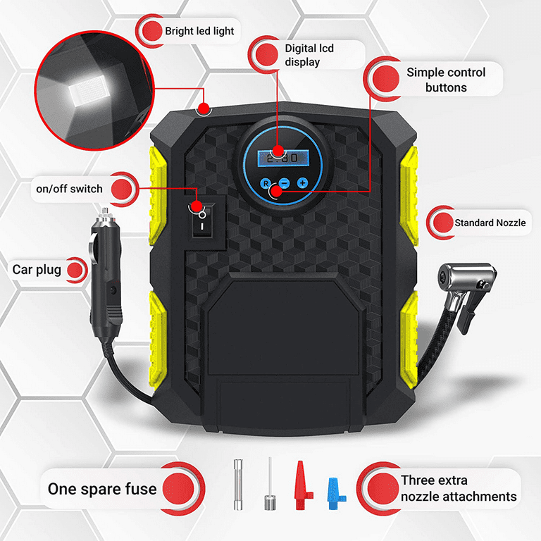 Digital Tire Inflator for Car w/Auto Pump/Shut Off Feature, Portable Air Compressor with LED Lighting, Digital/Pointer Screen Digital Tire Inflator for Car w/Auto Pump/Shut Off Feature, Portable Air Compressor with LED Lighting, Digital/Pointer Screen
