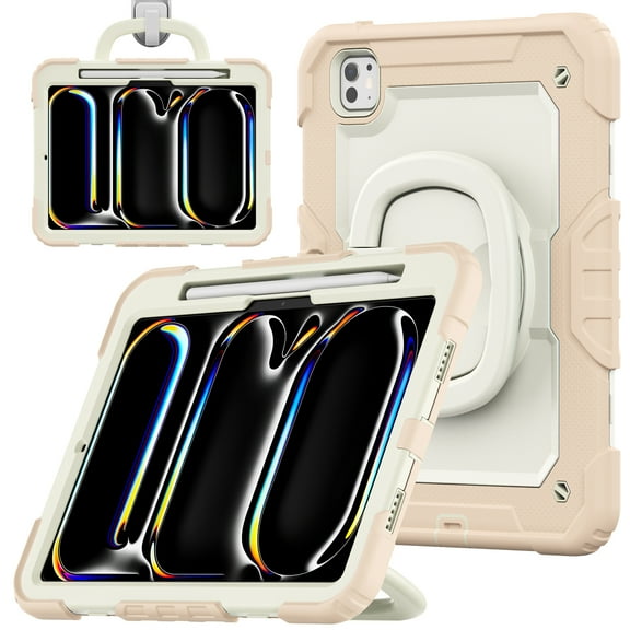 for iPad Pro 11 Inch 5th Gen 2024 Kids Case Heavy Duty Rugged Shockproof Silicone Hybrid Protective Case Cover Stand Pencil Holder Screen Protector for iPad Pro 11 2024 - Rosegold