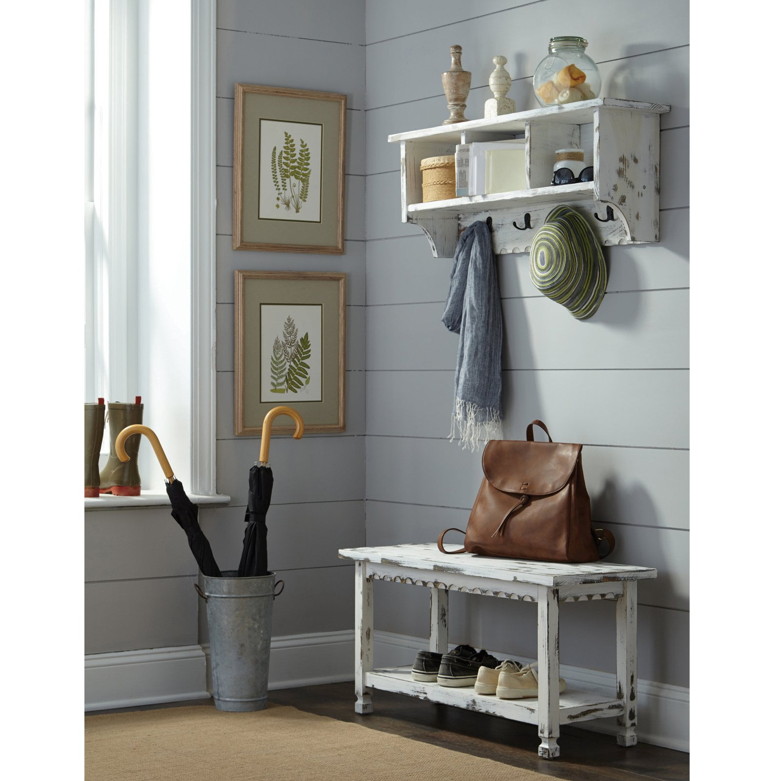 Country Cottage Coat Hooks and Bench Set, Blue Antique Finish