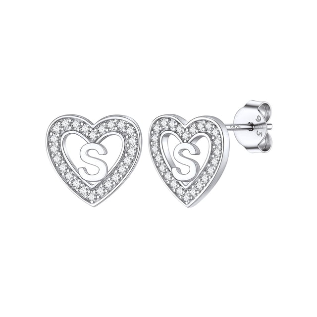 Pendientes de corazón de plata esterlina Silvora con Letra S Pendientes de botón iniciales para mujer