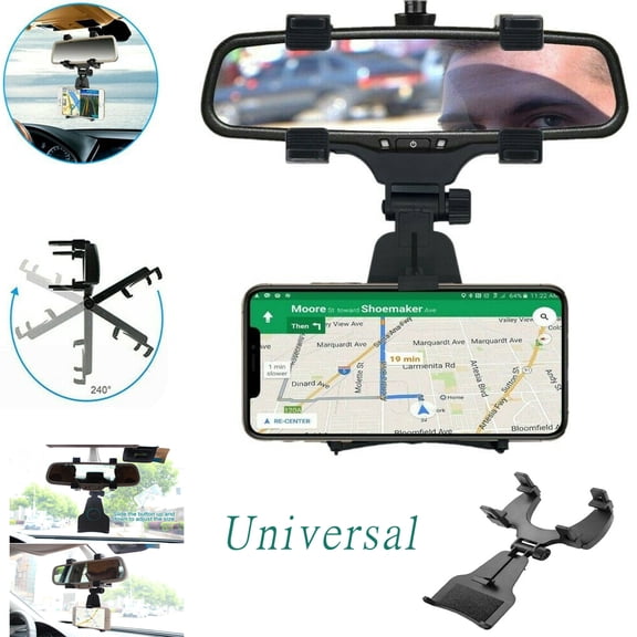 PVUEL 360°Universal Car Rear-view Mirror Mount Holder Cradle For Cell Phone iPhone Samsung GPS, Black