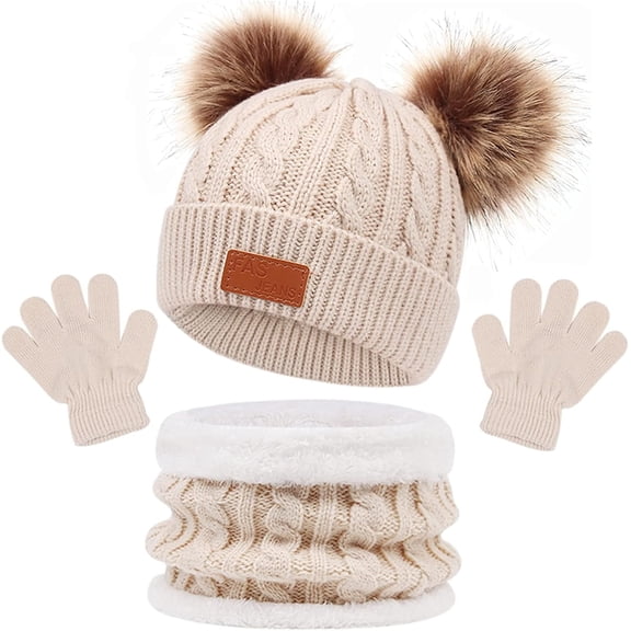 Kids Winter Hats Scarf Gloves Set Toddler Winter Hat Knit Gloves Neck Warmer with Fleece Lined for Children 2-5 Years