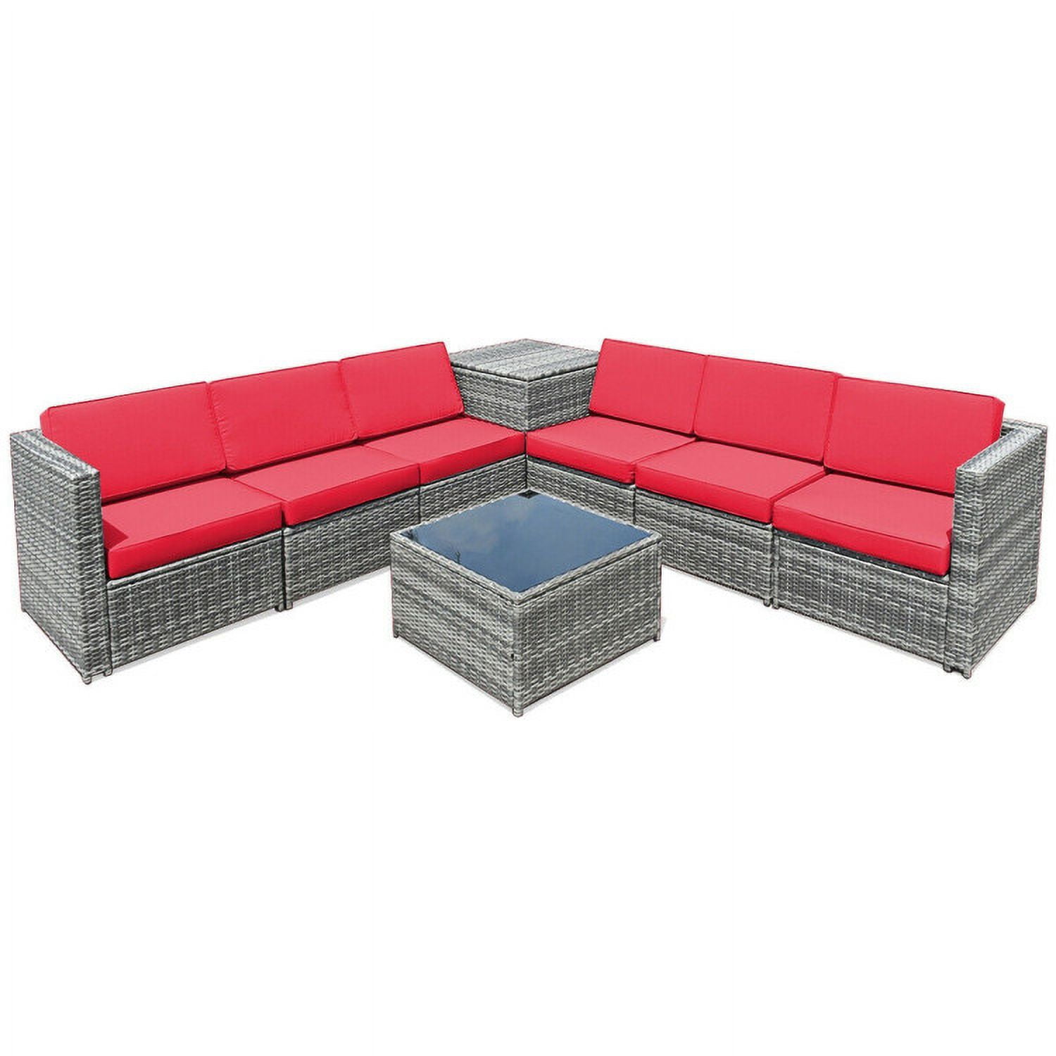 Aimee Lii 8 Piece Wicker Sofa Rattan Dinning Set Patio Furniture with Storage Table, Outdoor Deck Furniture, Red Aimee Lii 8 Piece Wicker Sofa Rattan Dinning Set Patio Furniture with Storage Table, Outdoor Deck Furniture, Red