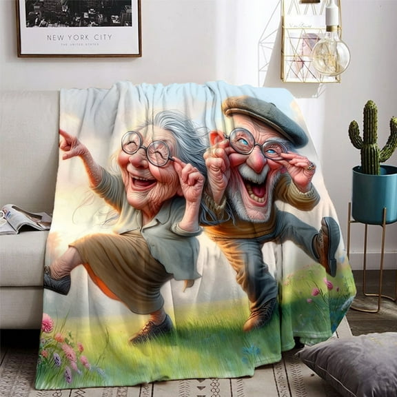 Grandparents Gift Blanket - Joyful Dancing Grandma & Grandpa Print, Soft Flannel All-Season Throw for Home Decor, Birthday Christmas Present for Elderly