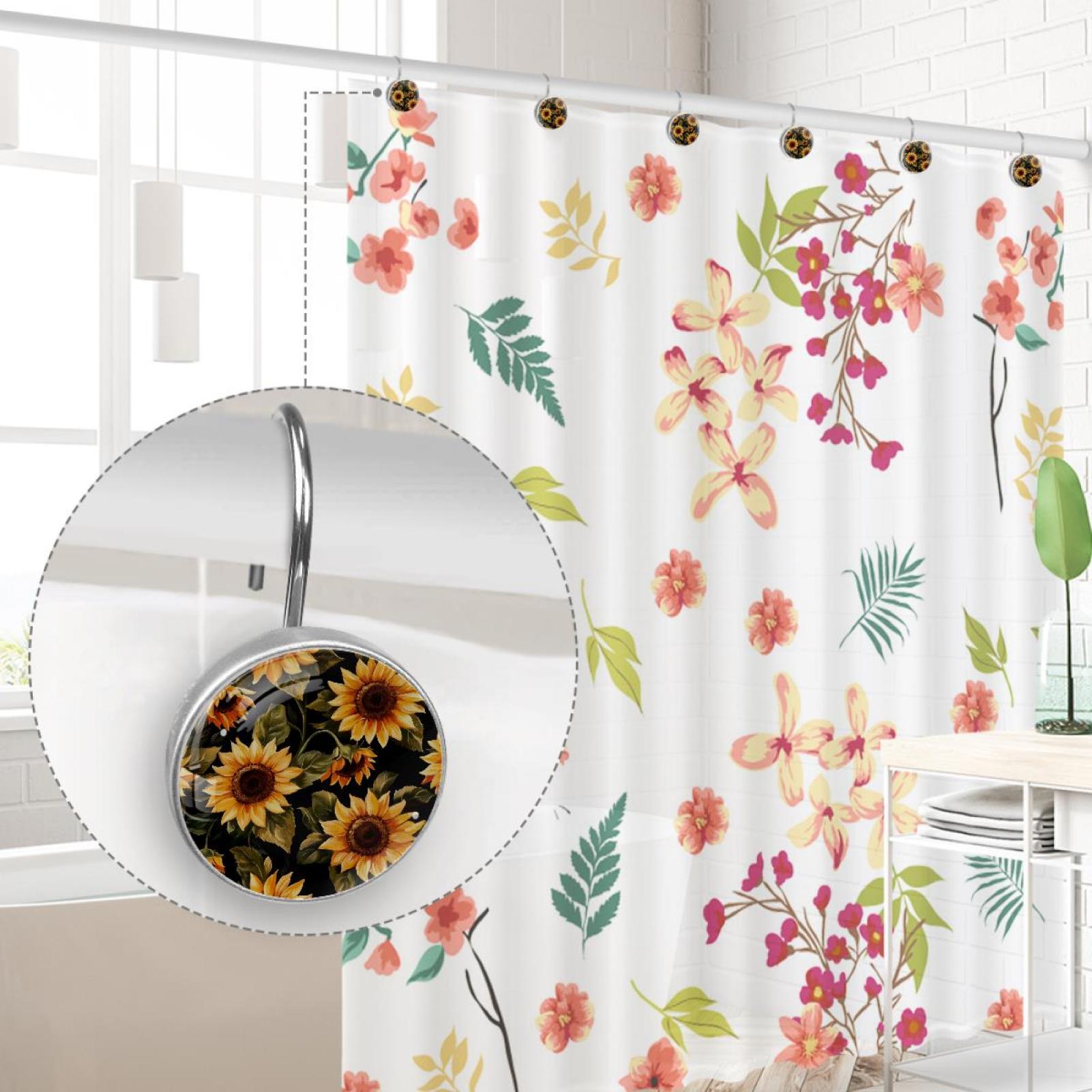 Sunflowers on Black Shower Curtain Hooks Round Crystal Glass, Set of 12 Shower Curtain Rings - Shower Hooks for Curtain Shower Rings
