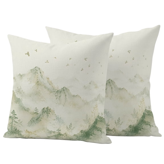 Natural Mountain Outdoor Waterproof Pillow Covers, Farmhouse Green Trees Forest Birds Decorative Square Throw Pillowcase Sofa Cushion Sham for Patio/Couch/Chair, 20"x20" 2 Pack