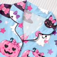 thumbnail image 5 of CUZIBR Baby Girls Halloween Pajamas Short Sleeve Bow Print Button Down Shirt And Shorts 2 PC Sleepwear Ghost Pumpkin Spider Graphic Lapel Smooth Loungewear Casual Daily Homewear,Light Blue,7-8 Years, 5 of 9