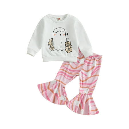 

Qtinghua Toddler Baby Girls Halloween Clothes Ghost Print Long Sleeve Sweatshirt and Elastic Flare Pants Set 2 Piece Outfits Pink 6-12 Months