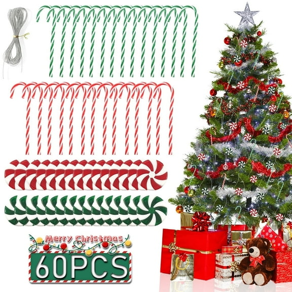 Candy Cane Ornaments for Christmas Tree Peppermint Christmas DĂŠcor Hanging Decor for Xmas Tree Wreath Party Supplies 60Pcs
