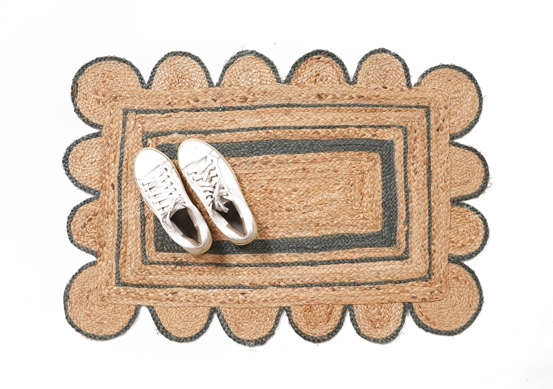 Hand Braided Beige and Grey Color Scalloped Area Rug Rectangle Rug Natural Jute Rug