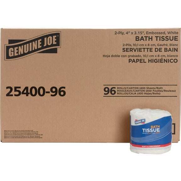 Genuine Joe 2-ply Standard Bath Tissue Rolls - 2 Ply - 3" X 4" - 400 Sheets/roll - White - Perforated, Absorbent, Soft, Embossed - For Restroom - 96 - 96 / Carton