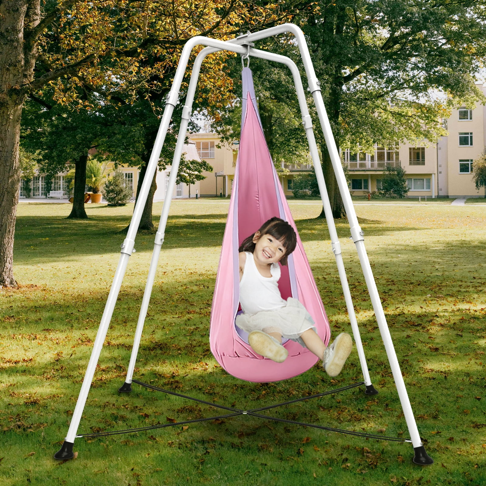 G TALECO GEAR Sensory Swing with Stand, Swing Frame with Pod Swing, Hammock Chair with Stand for Adults Outdoor, X-Shaped Swing Set for Backyard, Indoor Swing for Kids 330LBS, Pink&White