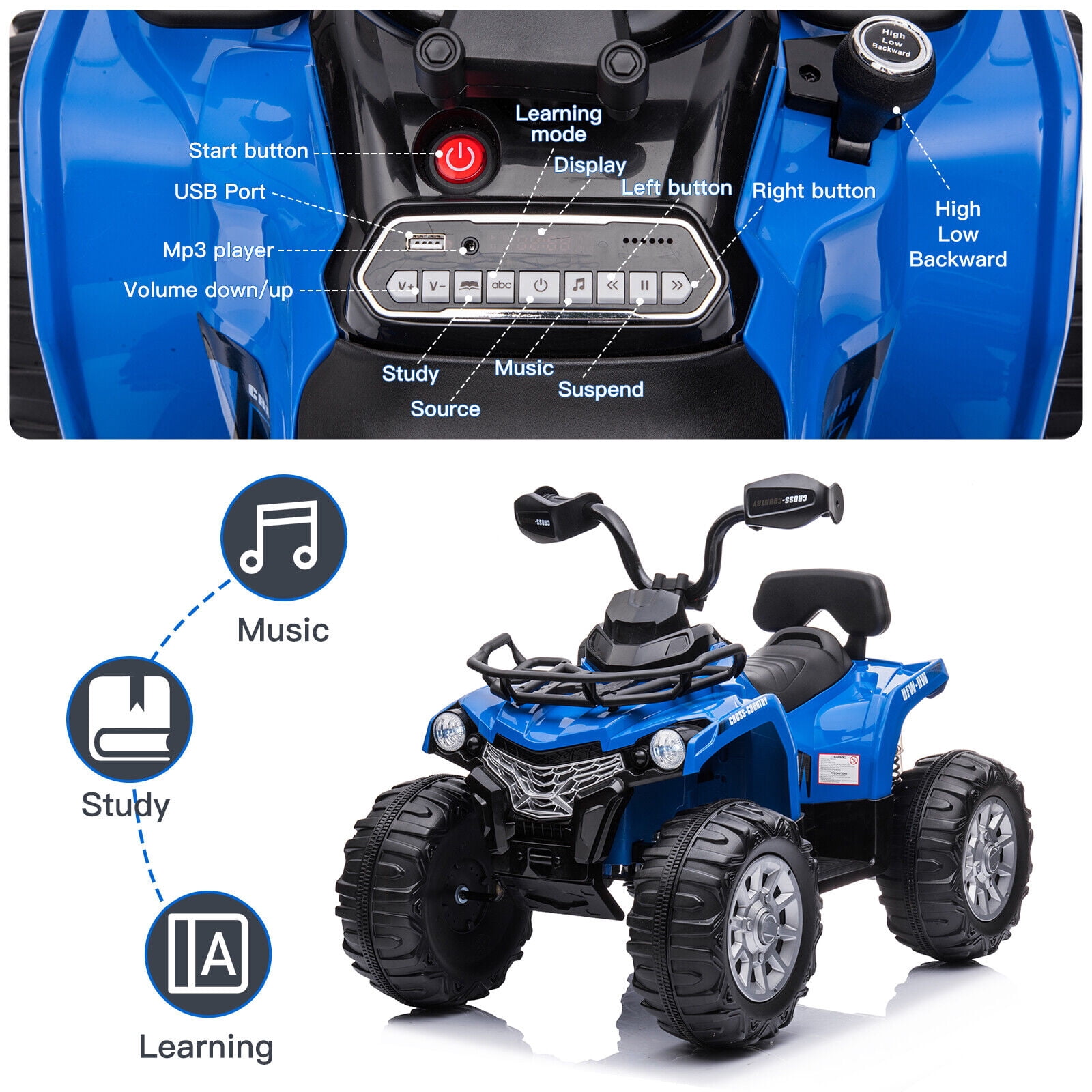Lohoms 12V 4-Wheeler Kids Ride On Car ATV, Electric 12V Rechargeable Battery Powered Kid's Quad Car Toys, With LED Lights Music USB, 2 Speed, Blue