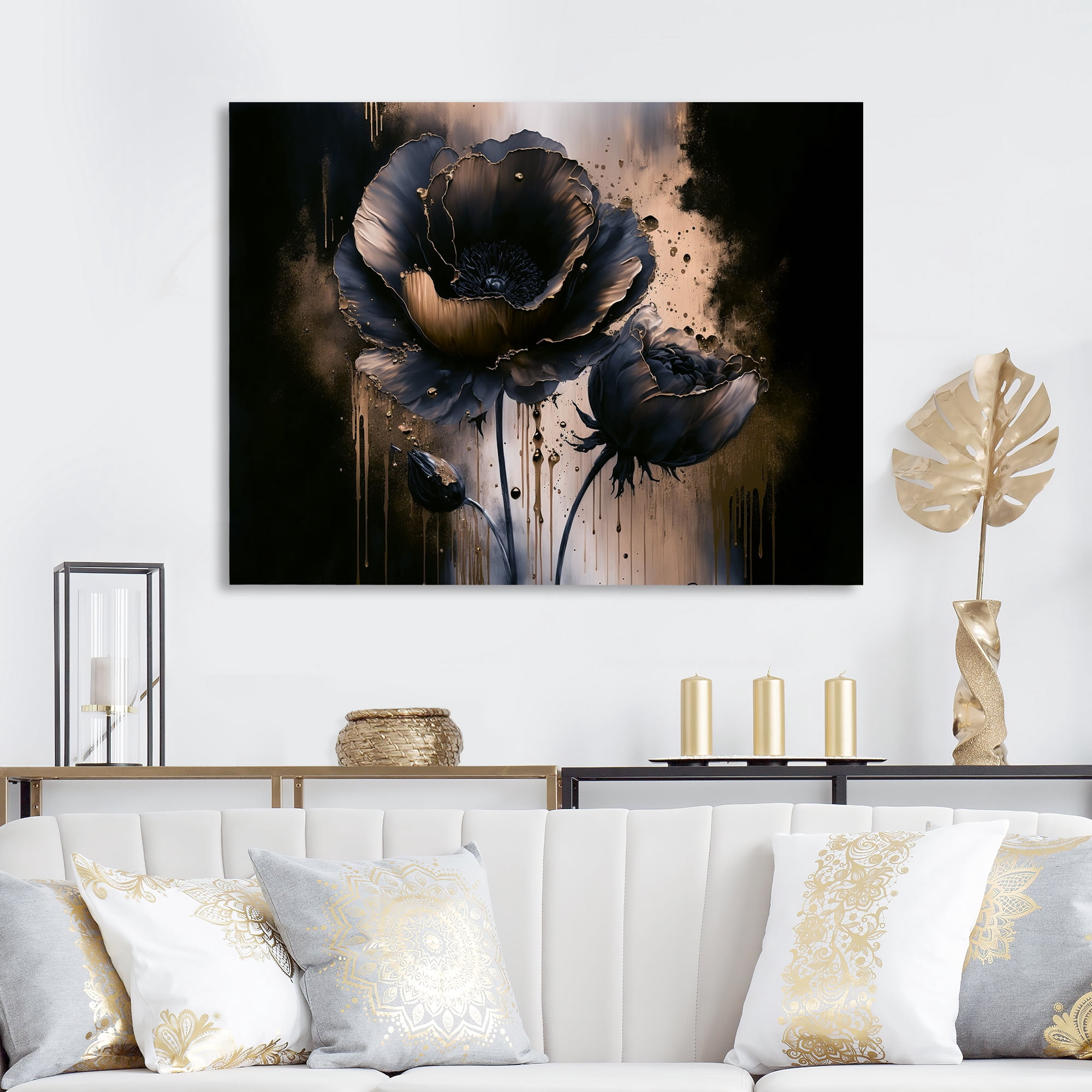 Designart Black And Gold Popy Flowers I Canvas Wall Art
