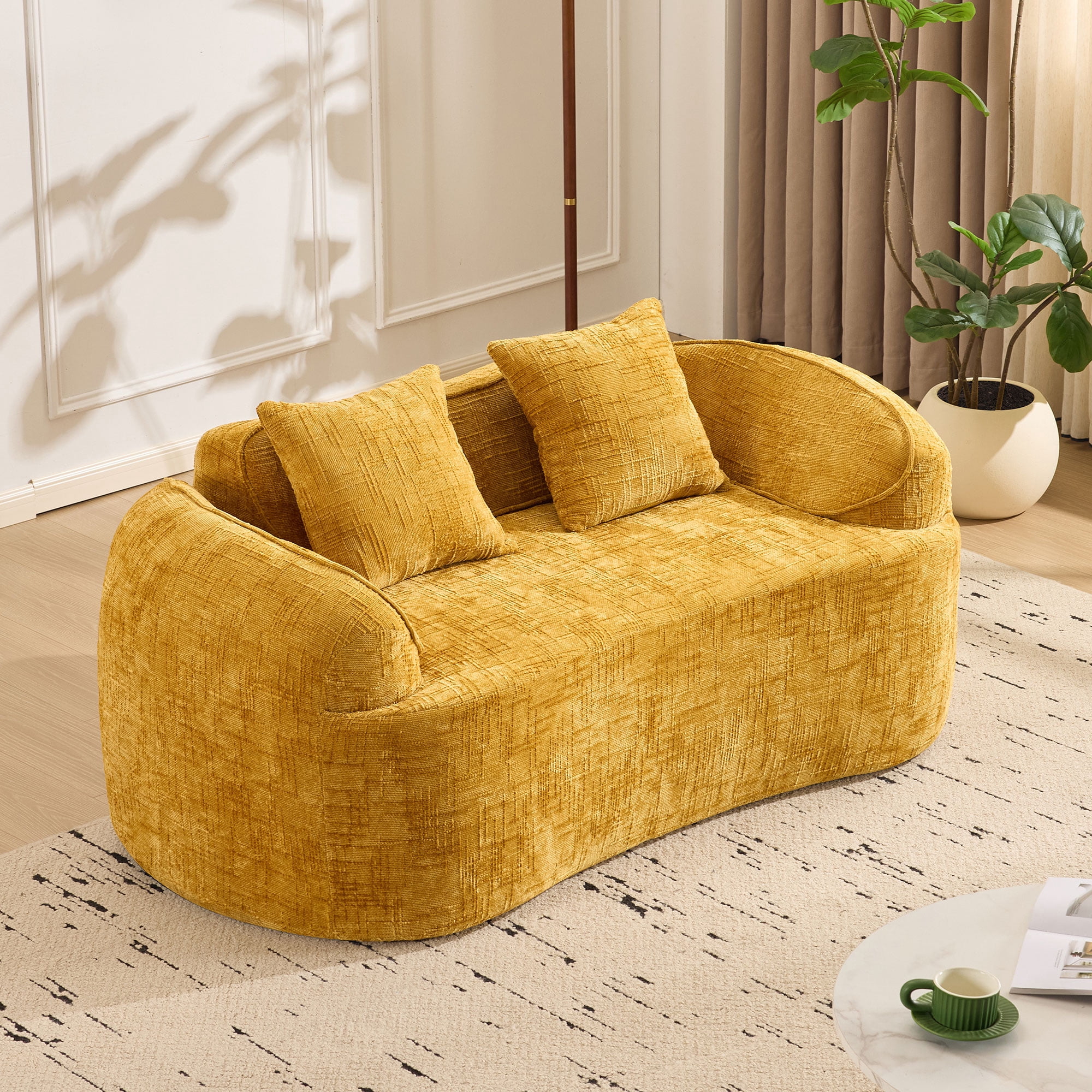 Curved Loveseat, Yellow Compress Chenille Sofa with Two Pillows and Armrests, Foam Spring 2-Seater for Small Apartment Living Room or Bedroom, 67-Inch