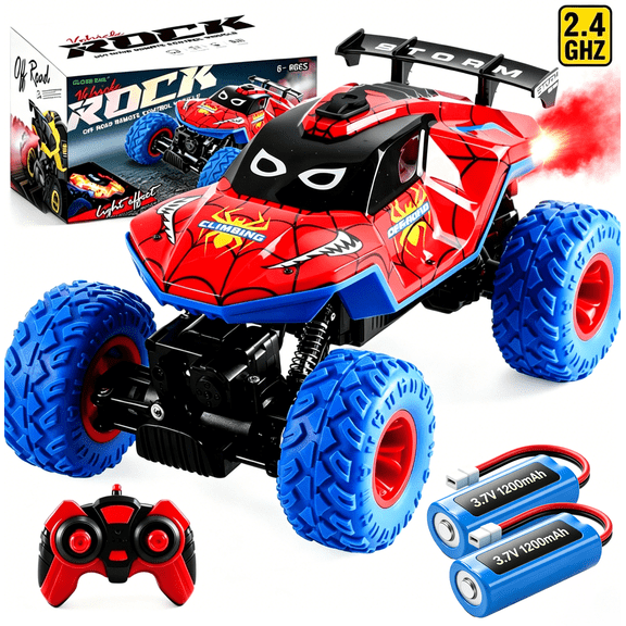 HNH 1:16 Spider Monster Truck RC Car, 4WD All Terrain Off-road Remote Control Car with 2 Batteries, Lighting, Spray