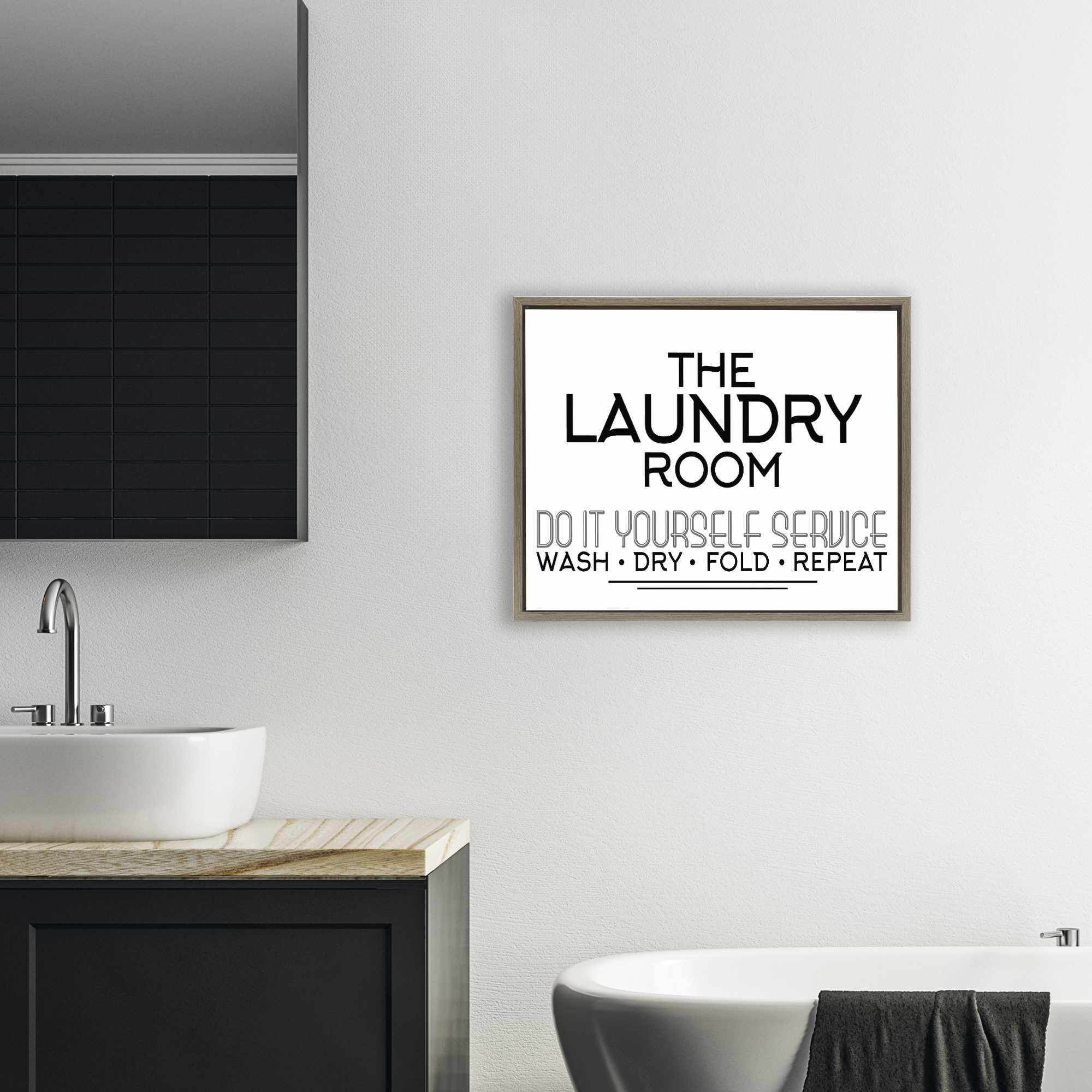 Do It Yourself Laundry Minimal Brown Framed Floater Canvas Wall Art, design by Kim Allen