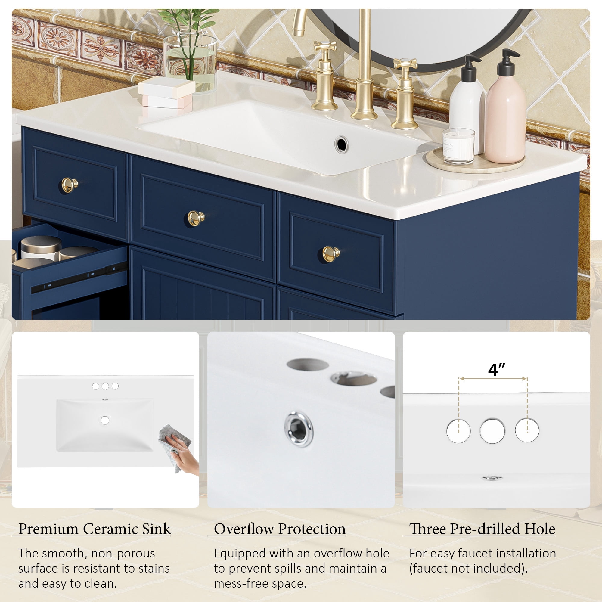 Euroco 36" Euroco Bathroom Vanity with Ceramic Sink, Blue, Solid Wood Frame, Soft Close Doors, Adjustable Shelves, 3 Drawers,Including Double-Depth Drawer for Hairdryer Storage