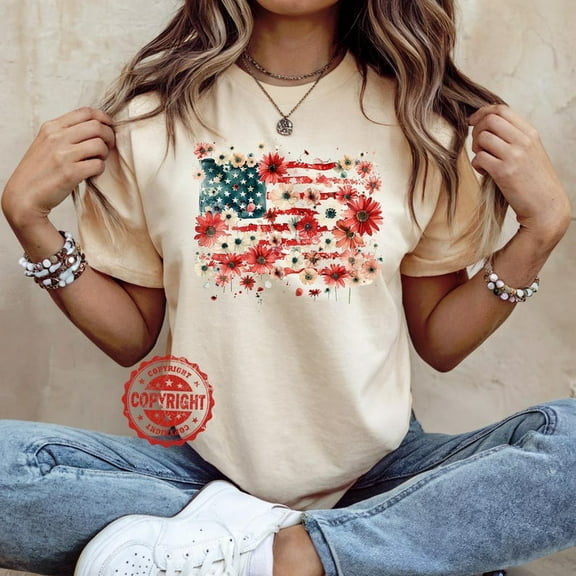 Floral American Flag Shirt, 4th of July Independence Day Shirt, Patriotic Shirt, USA Flag Shirt, Gift for Her, Gift for Bestie