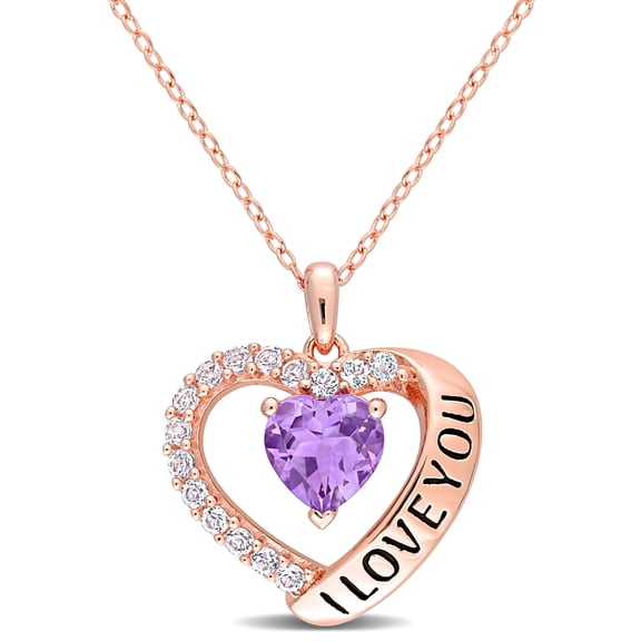 Everly Women's Amethyst and White Topaz Rose Silver Heart 'I Love You' Pendant with Chain