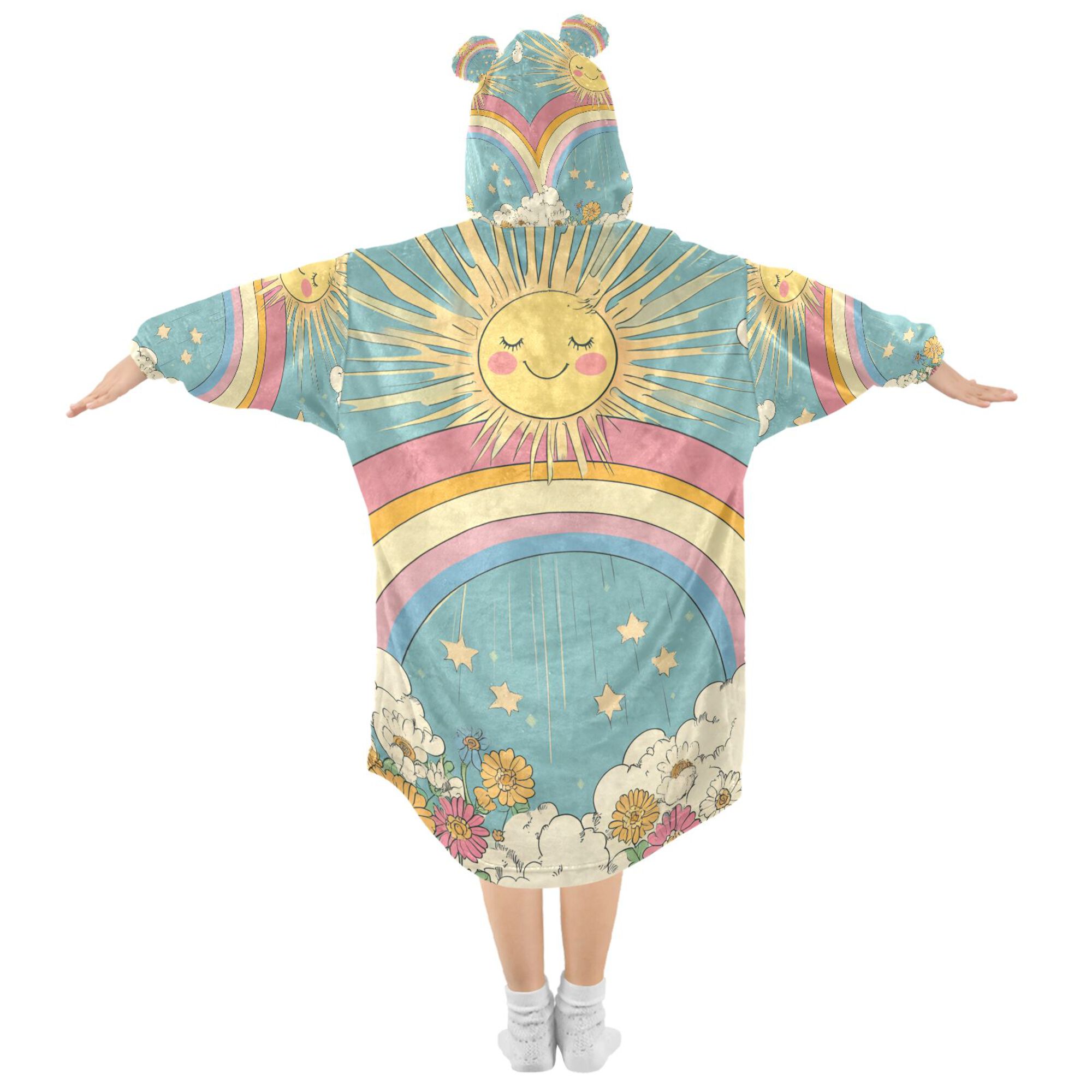 FORMRS Wearable Blanket Hoodie with Sleeves for Kids Cozy Flannel Sweatshirt, Retro Beige Rainbow