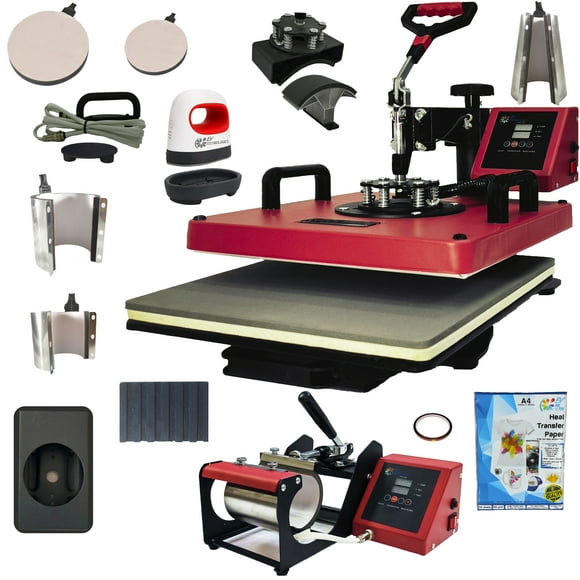 Combo 12 En 1 EV Technologies plancha sublimacion color roja y 150 articulos