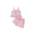 thumbnail image 3 of FAHXNVB Girls 2 Piece Waffle Knit Outfits Sleeveless Ruffle Crop Top and Tie Waist Shorts Set Cute Summe Soft Breathable Textured Set 0-4 Years, 3 of 5