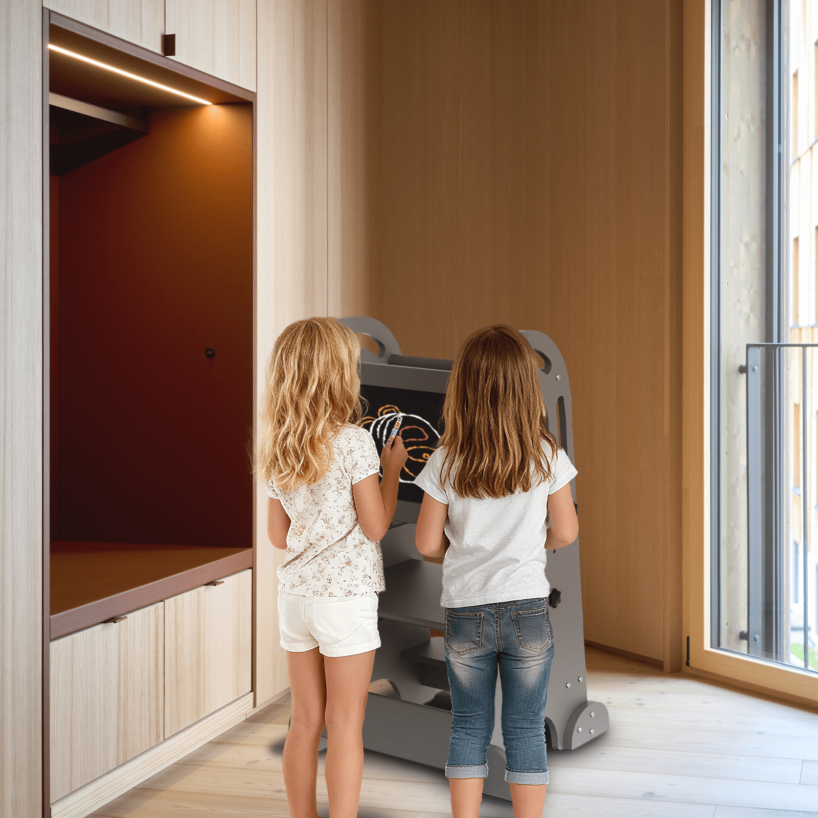 G TALECO GEAR Toddler Tower with Chalkboard, Toddler Kitchen Kids Step Stool Helper, Wooden Stool with Rounded Corner Protection Design, Gray